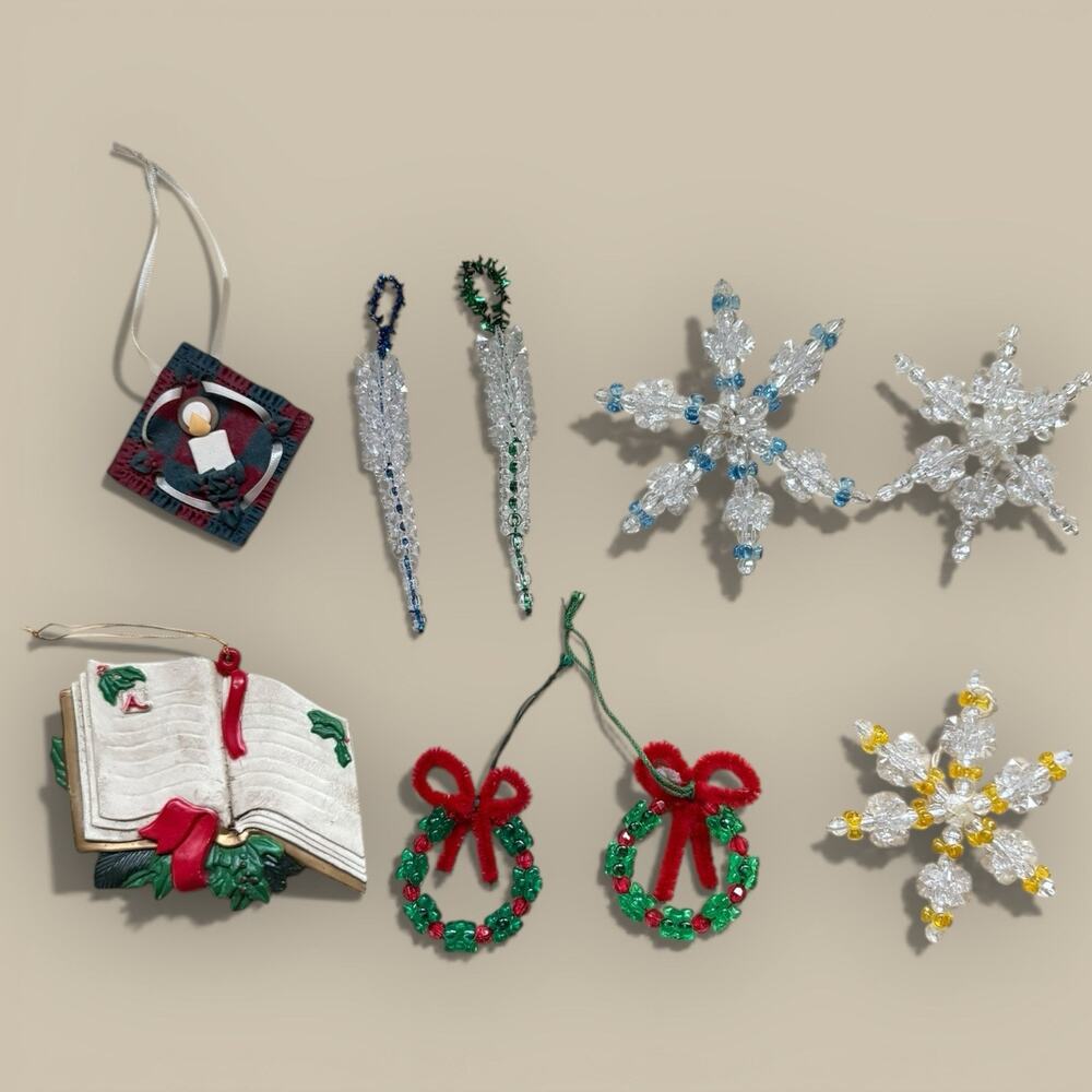 Vtg Lot Beaded Plastic Christmas Ornaments Wreaths Icicles Snowflake 9